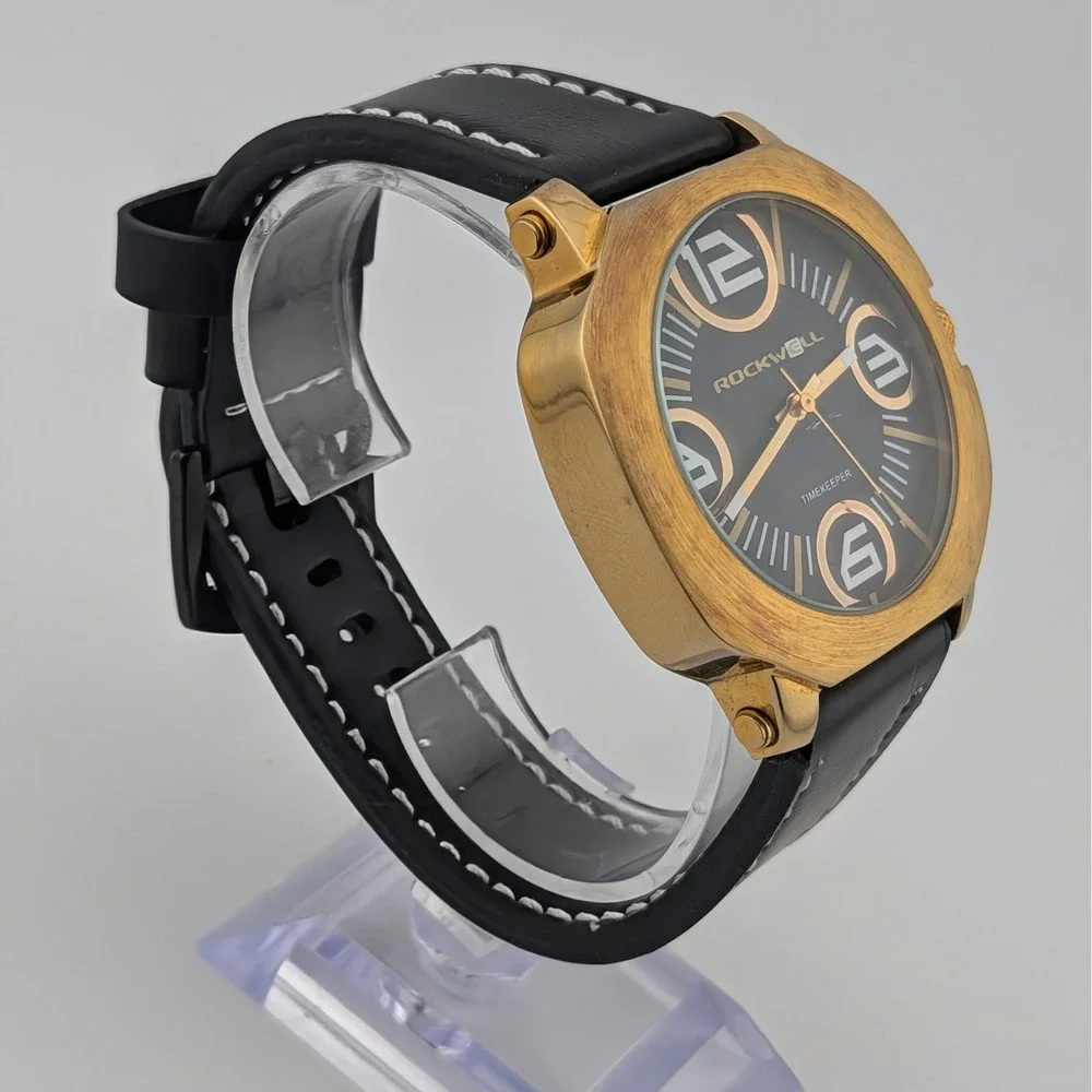 Rockwell Timekeeper Oversized Gold Tone Black Dial Quartz Watch 45mm